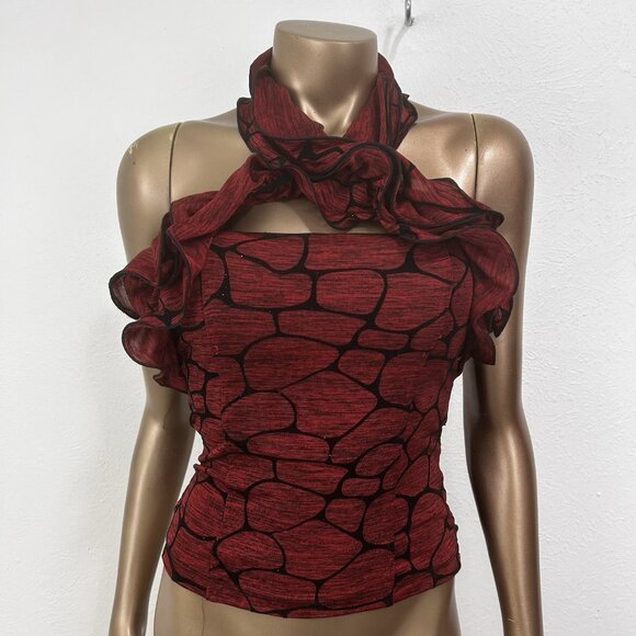 VTG 90s Red Ruffled Loop‎ Neck Sleeveless Smocked Crop Top Sz S Whimsigoth Vamp - Picture 7 of 10